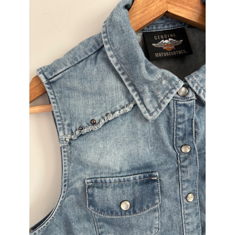 Harley Davidson Womens Denim Vest Light Wash American Flag Studded Frayed small - Picture 6 of 11